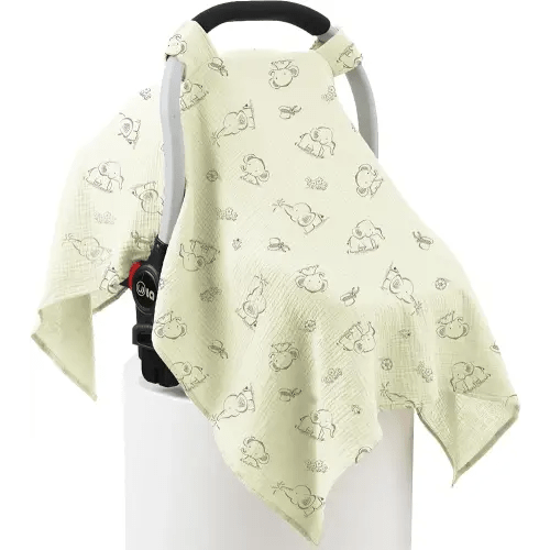 100% Muslin Cotton Car Seat Cover Baby, Carseat Canopy Cover, Universal Fit Stroller Covers for Boys and Girls (Cute Elephant)