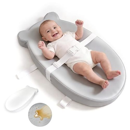 Baby Changing Pad for Dresser, with Wipeable Waterproof PU Cover, Contoured Diaper Changing Pad with Non-Slip Safety Belt, Portable Lightweight Changing Mat with Cushioned Foam, Beige