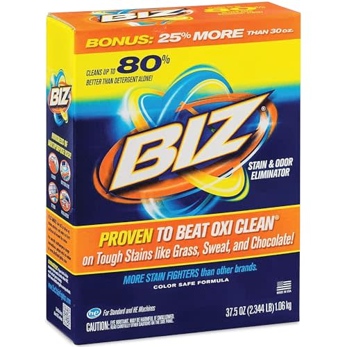 Biz Laundry Detergent Powder, Stain and Odor Eliminator for Tough Stains Like Grass Sweat and Chocolate, Powder Laundry Detergent with 4 Stain Fighters, Color Safe, HE Safe, Unscented, 37.5 Ounce