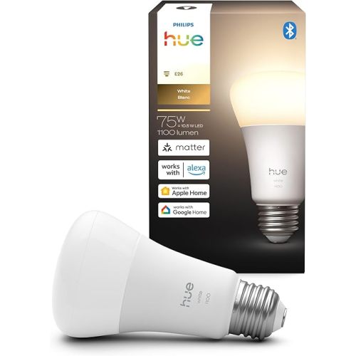 Philips Hue Smart LED A19 Bulb, Warm White Light 2700K, E26 Base, 10.5W, 1100 Lumens, Dimmable, Works with Alexa, Google Assistant, and Apple Home, 1 Pack