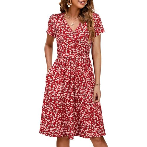 OUGES Maternity Nursing Dress Breastfeeding Short Sleeve V Neck Casual Pregnancy Clothes with Pockets