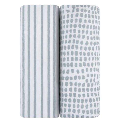 Ely's & Co. Baby Fitted Waterproof Crib Toddler Sheet Set 100% Combed Jersey Cotton Misty Blue Splash & Stripes 2 Pack