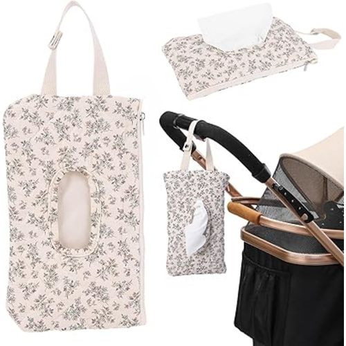 Quilted Baby Wipe Holder, Canvas Floral Quilted Pouch with Hanging Strap, Portable Diaper Wipe Holder for Travel Stroller-Hibiscus