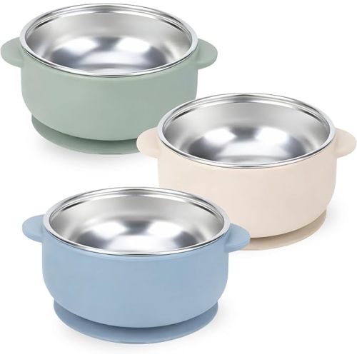 Baby Bliss 3 Pack Baby Bowls with Suction, Canadian Mom Owned Brand, 100% Premium Stainless Steel & Silicone Feeding Set, Toddler Bowls, Baby Feeding Essentials, BPA Free (Almond, Sage, Dusty Teal)