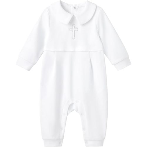 pureborn Unisex Baby Jumpsuit Infant Boys Girls Cotton Spring Fall Romper One-Piece Coverall Baptism Outfit White 0-24 Months