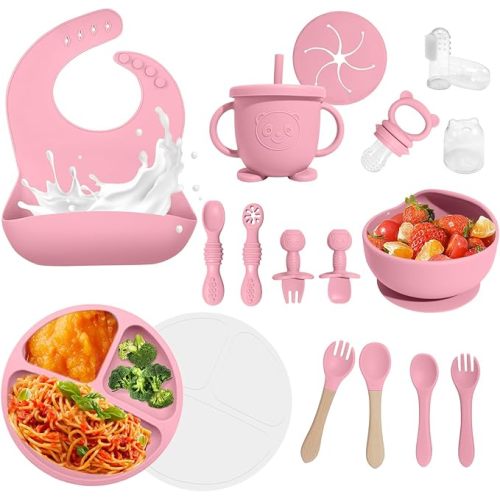 Baby Led Weaning Supplies, 17 Piece BPA-Free Silicone Feeding Set, Eating Essentials Baby Utensils with Suction Plate and Bowl, Pocket Bib, Sippy Cup with Lid, for 6+ Months, Pink