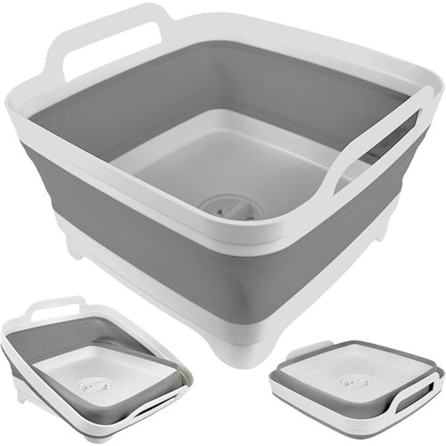 Collapsible Wash Basin with Drain Plug - 2.4 Gallon (9L) Portable Sink for RV Camping,Space-Saving Dish Pan and Wash Basin for Baby Bottles - Collapsible Dish Tub (Gray)