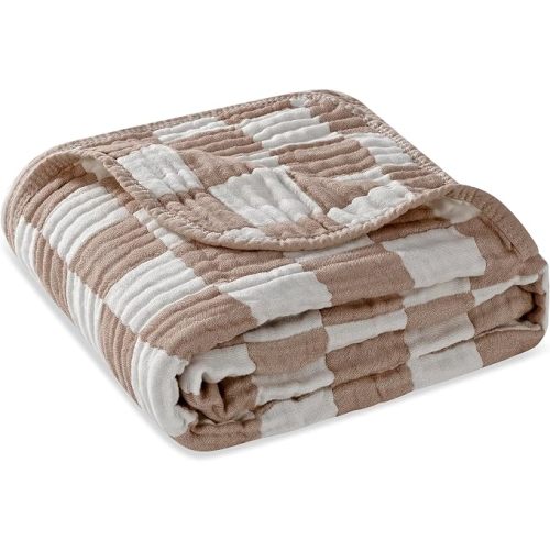 Ultra Soft Muslin Baby Blanket,A Versatile Swaddle and Bed Blanket for Babies, Toddlers, Boys, and Girls (1 Coffee Checkered 1 Pack). | 70% GOTS organic cotton & 30% viscose from bamboo, ultra-soft neutral, newborn toddler swaddle