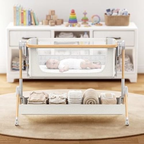 ANGELBLISS Baby Bassinet Bedside Sleeper, 3-in-1 Foldable Bassinet for Newborns, One-Click Portable Baby Crib with Mesh Sides, Adjustable Height, Mattress and Carry Bag