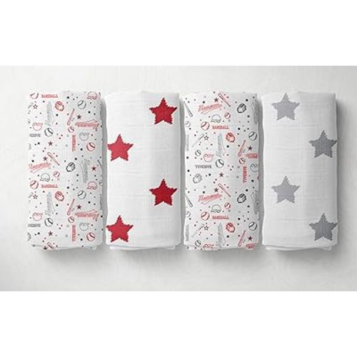 Bacati - 4 Pack Sports Baby Swaddle Blankets Boys Swaddle Wrap Soft Breathable Cotton Muslin Swaddle Blankets Receiving Blanket for Boys, Large 45 x 45 inches (Baseball Red/Grey)