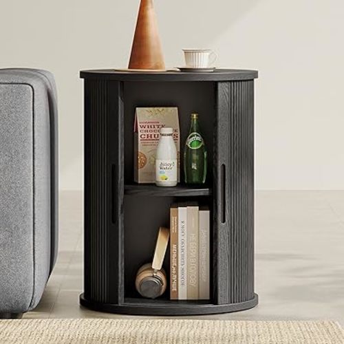 LINSY HOME Round Fluted End Table, Tall Side Table with Sliding Tambour Door and Storage Shelf, Mid Century Modern Nightstand for Living Room, Bedroom, Black