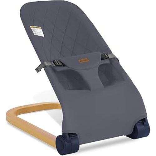 Baby Bouncer,Portable Baby Bouncer Seat & Foldable with 3 Height Adjustments, Ergonomic Bouncer for Babies 0-6 Months, Wood Grain Style, Natural Vibrations, Includes Storage Bag(Grey)