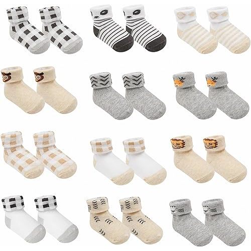 Baby Socks 12 Pairs - Non-Slip Infant Grip for Newborns & Toddlers 0-6 Months, Boys & Girls, Safe for Walking
