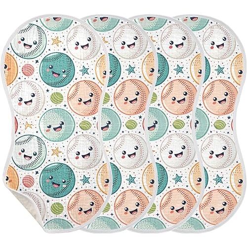 Cute Baseballs Muslin Baby Burp Cloths - Super Absorbent and Soft Burping Rags - Cotton Burp Clothes Set for Boys and Girls, 4 Pack