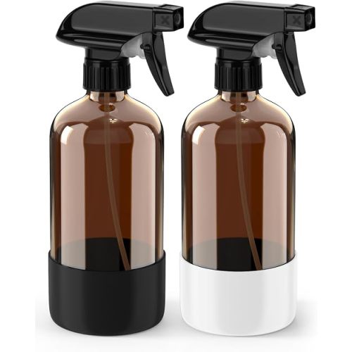 Bontip Glass Spray Bottle with Silicone Sleeve Protection, Amber Glass Spray Bottle Set for Window Cleaner Aromatherapy Facial Hydration Watering Flowers Hair Care 2 Pack/16 oz (Black & White, 16 oz)