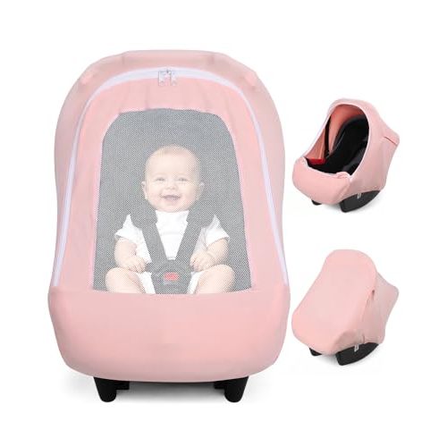 Metplus Baby Car Seat Cover with Mesh Window, Carseat Canopy for Girls | Breathable Baby Car Seat Cover, Windproof Infant Carrier Stroller Covers, Stretchy Universal Fit, Baby shower Gift (Pink)