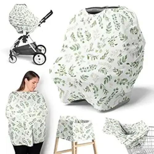 Sweet Jojo Designs Floral Leaf Boy Girl Infant Baby Car Seat Cover Nursing Breastfeeding Shopping Cart Stroller Canopy Green White Boho Bohemian Watercolor Botanical Flower Woodland Tropical Garden