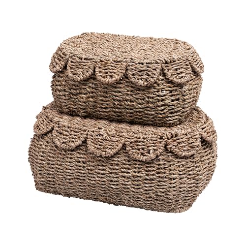 LUSYDECO Set of 2 Hand Round Wicker Storage Baskets, Rattan Basket Decorative Boxes, Woven Storage Box Seagrass Baskets with Lids, Scalloped Edge Wicker Basket with Lid