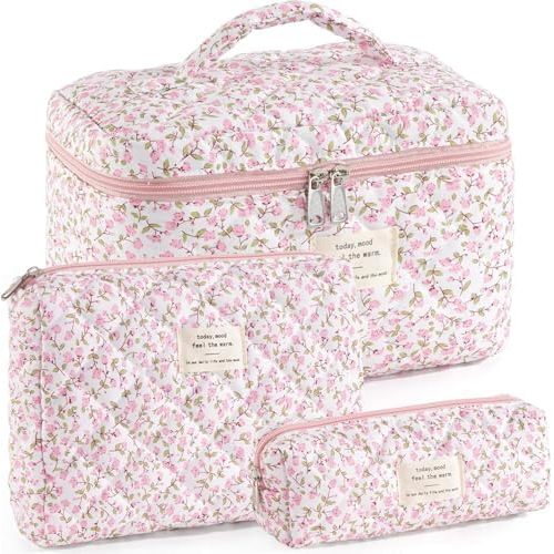 Makeup Bag for Women 3PCS Quilted Cotton Make Up Bag Travel Cosmetic Bag Large Makeup Bag Set Cute Makeups Organizer Floral Toiletry Pouch for Purse, Pink Floral D