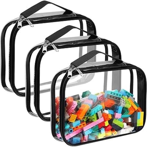 Sanwuta 3 Packs Toy Storage Bags with Zipper, Clear PVC Organizing Waterproof Toy Bags for Board Games, Building Blocks, and Kids Books(12.6 x 9 x 2.36 Inch,Black)