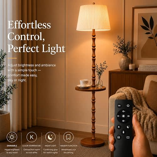 Mirwen Real Wood Floor Lamp with Built-in Tray, Remote Control, Adjustable Brightness & 3 Color Temperatures, Dimmable Standing Lamp for Living Room, Bedroom, and Office – Easy Setup(Light Walnut)