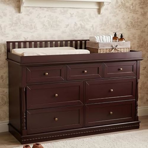 Walnut Finish Baby Changing Table with Removable Top & 7 Drawers