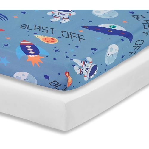 Everyday Kids 2 Pack Fitted Boys Crib Sheet, 100% Soft Breathable Microfiber Baby Sheet, Fits Standard Size Crib Mattress 28in x 52in, Nursery Sheet - Space/White