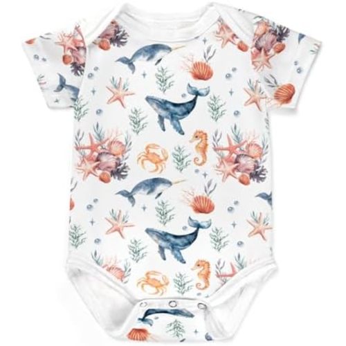 Watercolor Blue Whale Sea Turtles Baby Bodysuits Cute Coral Seaweed Romper Ocean Animal Jumpsuit