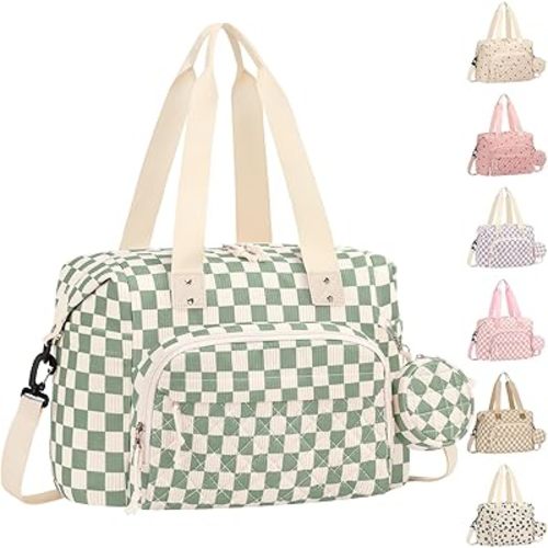 Tenot Corduroy Diaper Bag Tote, Baby Bag Travel Diaper Tote Bag with Pacifier Case, Large Baby Diaper Bags for Women, Ctue Diaper Bags For Baby Girl Boy Mom Maternity Hospital Bag, Green Checkered