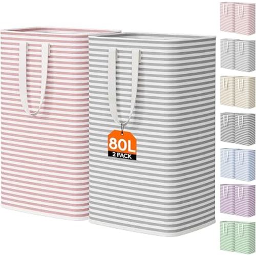 Lifewit 80L Large Laundry Baskets, Laundry Hampers Bags, 2 Pack, Grey&Pink