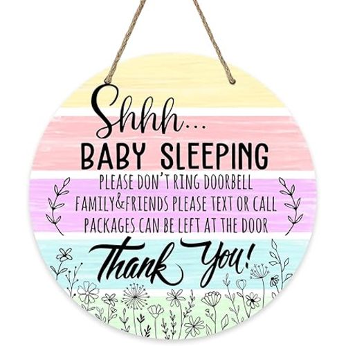 Deroro Shhh Baby Sleeping Watercolor Front Door Sign, Please Don't Ring Doorbell Wood Door Hanger Outdoor Outside Porch Baby Room Decor, Wooden Wreath Indoor Wall Hanging Decoration