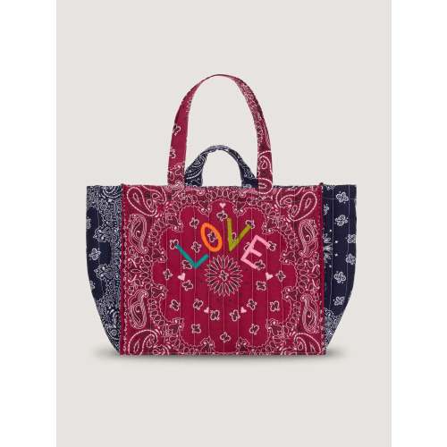 Maxi Quilted Cabas Tote - LOVE - Burgundy / Navy
