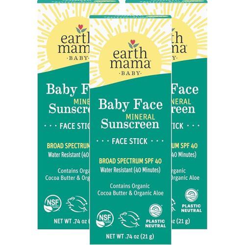 Earth Mama Baby Face Mineral Sunscreen Stick SPF 40 | Non-Nano Zinc, Natural Water Resistant Sun Cream for Babies, Kids & Adults 0.74-Ounce, 3-Pack