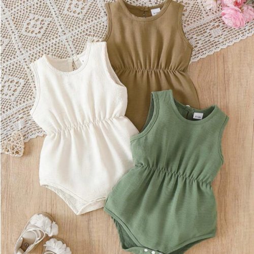 3pcs/Set Baby Girls' Minimalist Solid Color Cute Raindrop Sleeveless Bodysuit Outfit, Comfortable & Breathable Summer Baby Girl Set | SHEIN USA