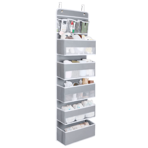 Univivi Over Door Hanging Organizer Storage with 5 Large Pockets and 3 Small PVC Pockets for Cosmetics Wall Hanging Storage Organizer for Pantry Baby Nursery Bathroom Closet Dorm, (Grey) - 6 Layers - Grey