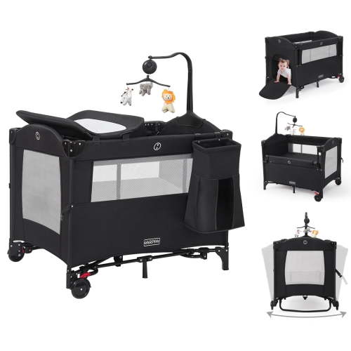 HARPPA 5-in-1 Portable Baby Playard Bassinet Bedside Sleeper with Changing Table in Black