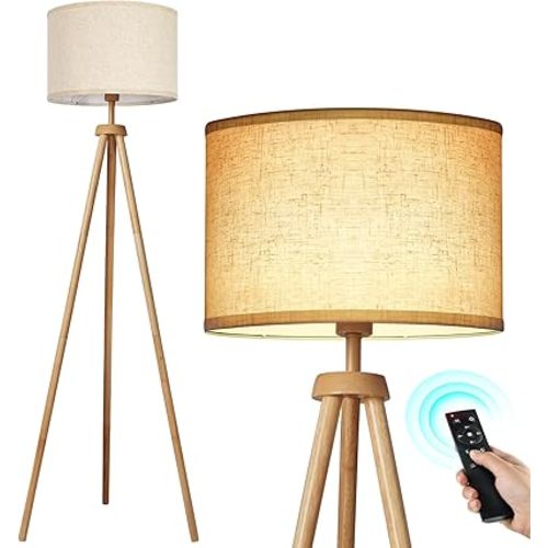 OUTON Tripod Floor Lamp, Floor Lamp with Remote Control, 4 Color Temperature, Modern Dimmable Tall Standing Lamp with Beige Linen Texture Shade for Living Room, Bedroom, Office (Nature Wood)