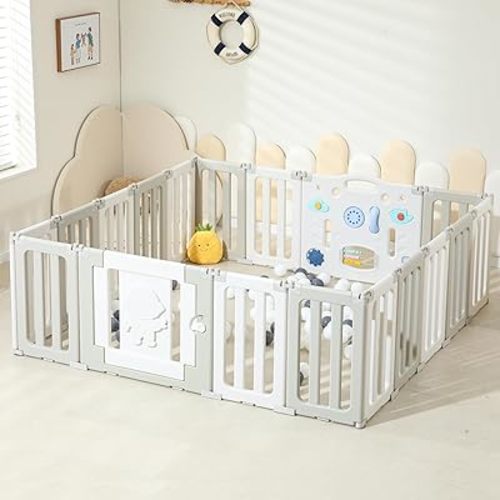 Baby Play Pen, Foldable Play Pens for Babies and Toddlers, 18 Panels Extra Large Portable Astronauts Baby Gate Playpen Yard - Grey
