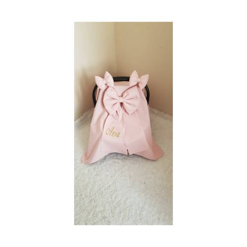 Blush Pink Baby Car Seat Cover Girl with 3 Bows and Gold Name Embroidery , Personalized Carseat Canopy Cover Baby Girl , Girl Baby Gift