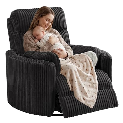 SUNWAVE 40" Oversized Nursery Rocking Recliner Chair, Power Swivel Nursing Chair with Electric Headrest & Anti-Pinch, 160° Lay-Flat Corduroy Rocking Chair Nursery with USB/Type-C