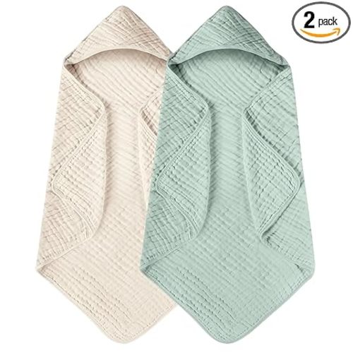 Yoofoss Hooded Baby Towels for Newborn 2 Pack 100% Muslin Organic Cotton Baby Bath Towel with Hood for Babies, Infant, Toddler and Kids, 32x32Inch, Soft and Absorbent Newborn Essential,Apricot&Green
