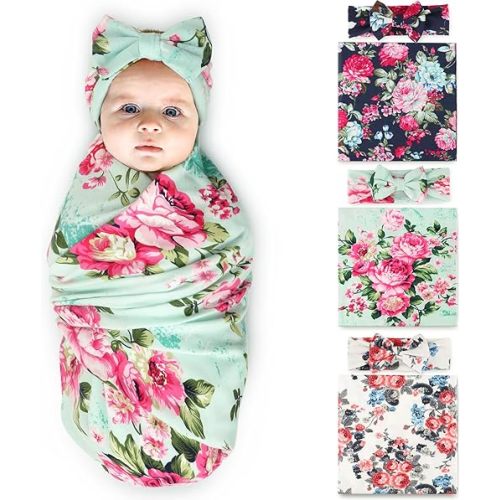 DRESHOW BQUBO 3 Sets Receiving Blanket with Headbands Newborn Baby Floral Printed Baby Shower Swaddle Gift