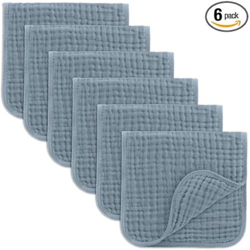 Comfy Cubs Muslin Burp Cloths 20" x 10", Pack of 6 - Large, 6-Layer, Ultra Absorbent 100% Cotton for Baby Drool and Messes - Soft, Safe & Gentle Baby Burp Cloths Set for Boys & Girls - Pacific Blue