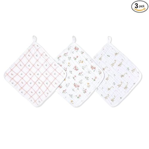 aden + anais Essentials Washcloth 3-Pack, Super Soft 100% Cotton Muslin, Gentle on Skin, 3 Absorbent 11x11 Layers, Softer with Every Use, Perfect for Babies, Infants, Toddlers, Country Floral