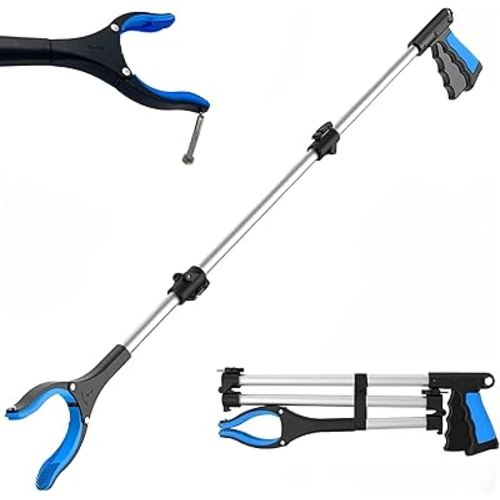 2024 Upgrade PowerGrip T9, Grabber Reacher Tool, Wide Jaw, Foldable, Steel Cable, with 96 Grip Points for Firm Grip, 36" with Magnet (Blue, 36 Inch)
