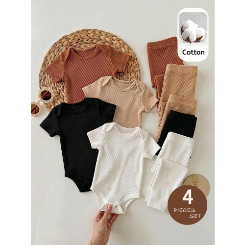 SHEIN Newborn Baby Girl Autumn/Winter Cute Versatile Knit Solid Color Elastic Waist Long Pants 4pcs