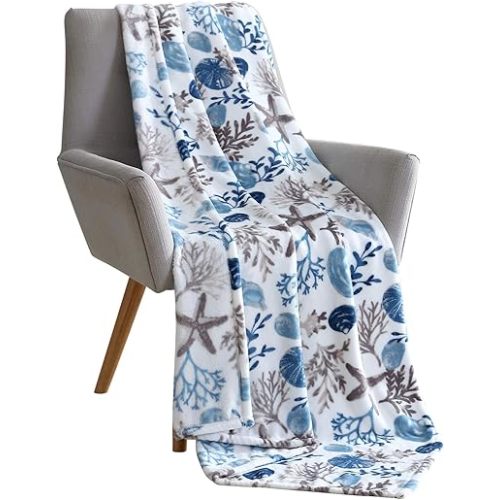Coastal Ocean Beach Throw Blanket: Soft Plush Velvet Fleece Seashells Hues of Blue Grey on White Accent for Couch or Bed, Colored: Blue Gray Taupe White, 50" x 70"