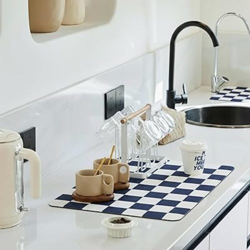 Checkered Dish Drying Mat for Kitchen Counter, Coffee Bar Station Accessories, Retro Cute Aesthetic Modern Absorbent Drainer Mat Kitchen Drying Mat Easy Clean (Navy Blue, 19" x 12")