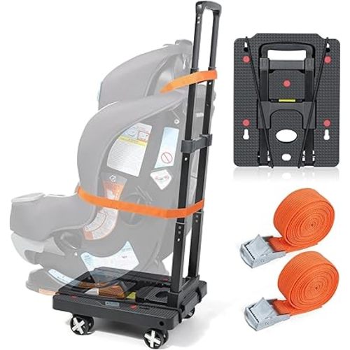 Orzbow Car Seat Dolly for Airport, Folding Car Seat Travel Cart with 4 Wheels and Adjustable Handle, Carseat Roller for Airplane Travel with Straps, Compact Luggage Hand Trolley, Black