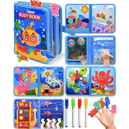 Ocean Busy Book for Toddlers 1-3, Montessori Quiet Book with Sea Animals, Fine Motor Skills Activities, Educational Travel Toy for 1 2 3 Year Old Boys Girls, Soft Felt Learning Toy for Travel